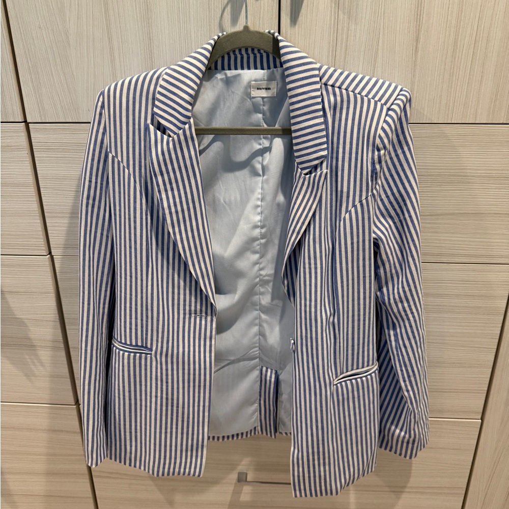 Blue and White Striped Blazer